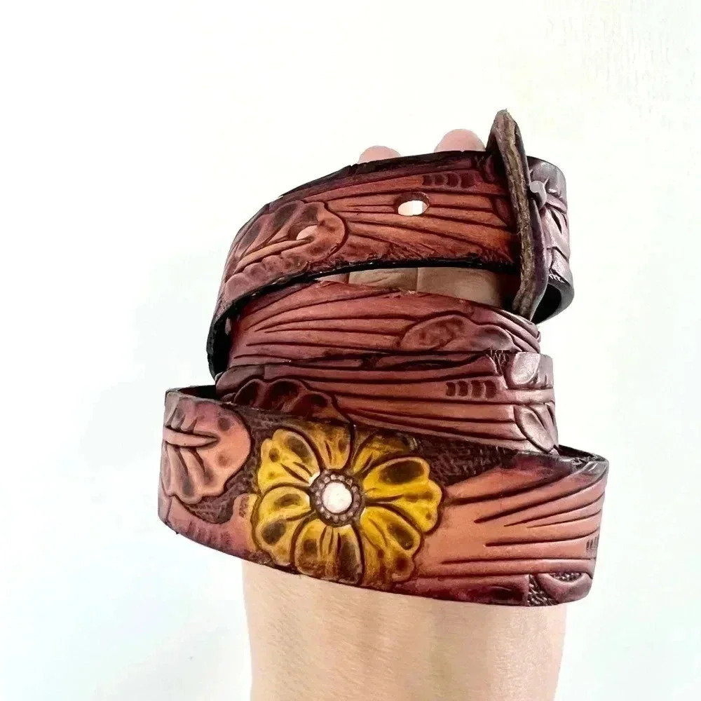 Tooled Leather Floral Belt with Purple and Yellow Flowers Size 38 - Picture 2 of 11
